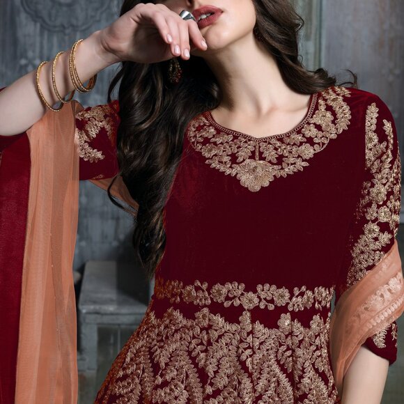 Designer Pakistani Wedding Wear Maroon Flared Anarkali Suit - Picture 2 of 3